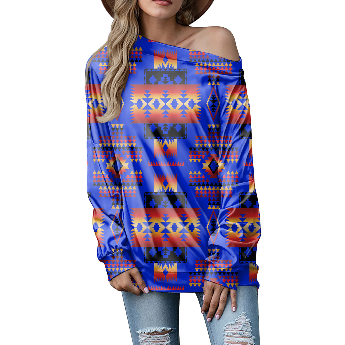 GB-NAT00046-06 Dark Blue Native Tribes Pattern Native American Off-shoulder Sweatshirt - Powwow Store