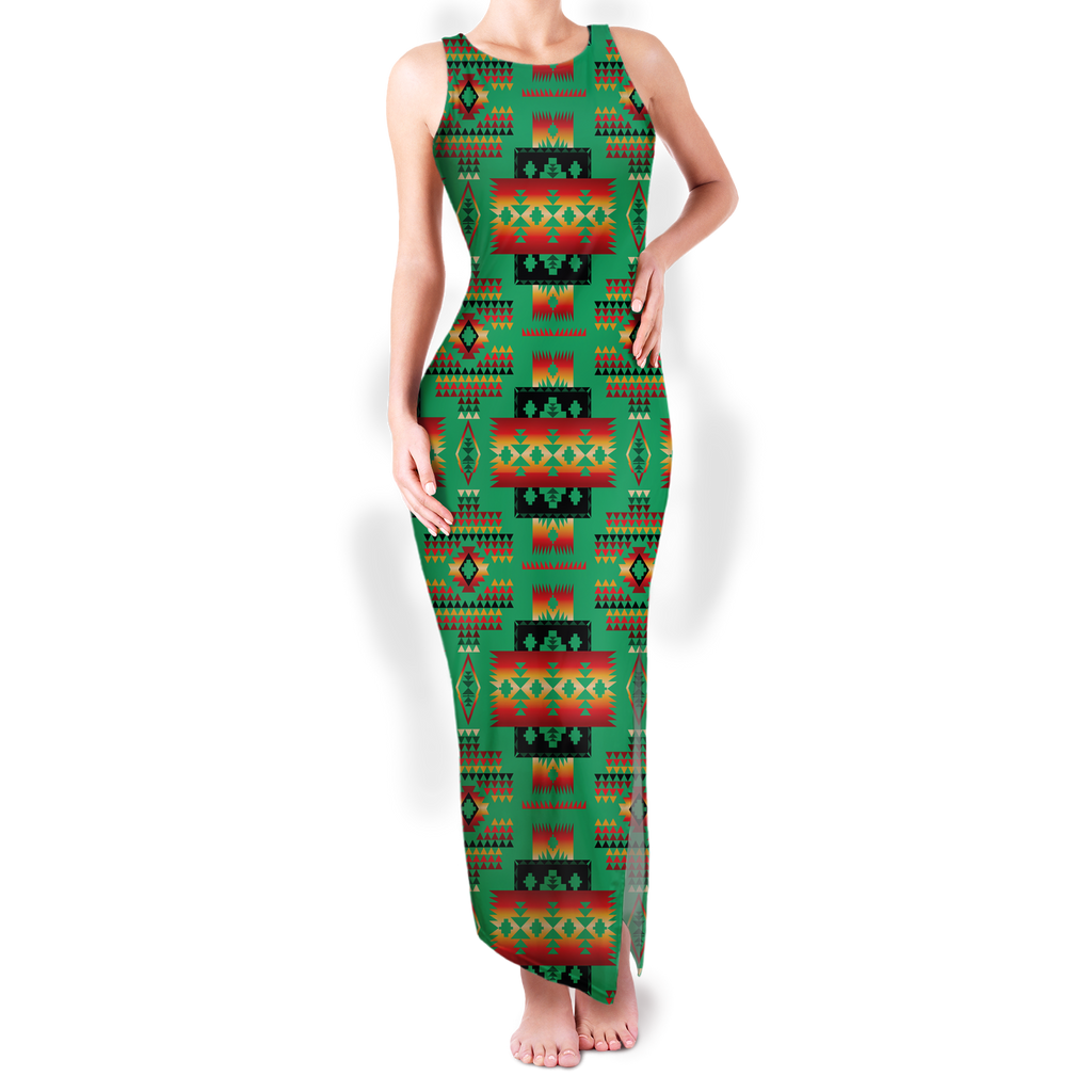 Powwow StoreGBNAT0004605 Pattern Native Round Neck Double Slit Sundress