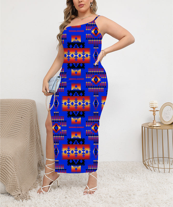 Powwow StoreGBNAT0004606 Dark Blue Native Pattern ObliqueShoulder Exposure Dress With Side Split