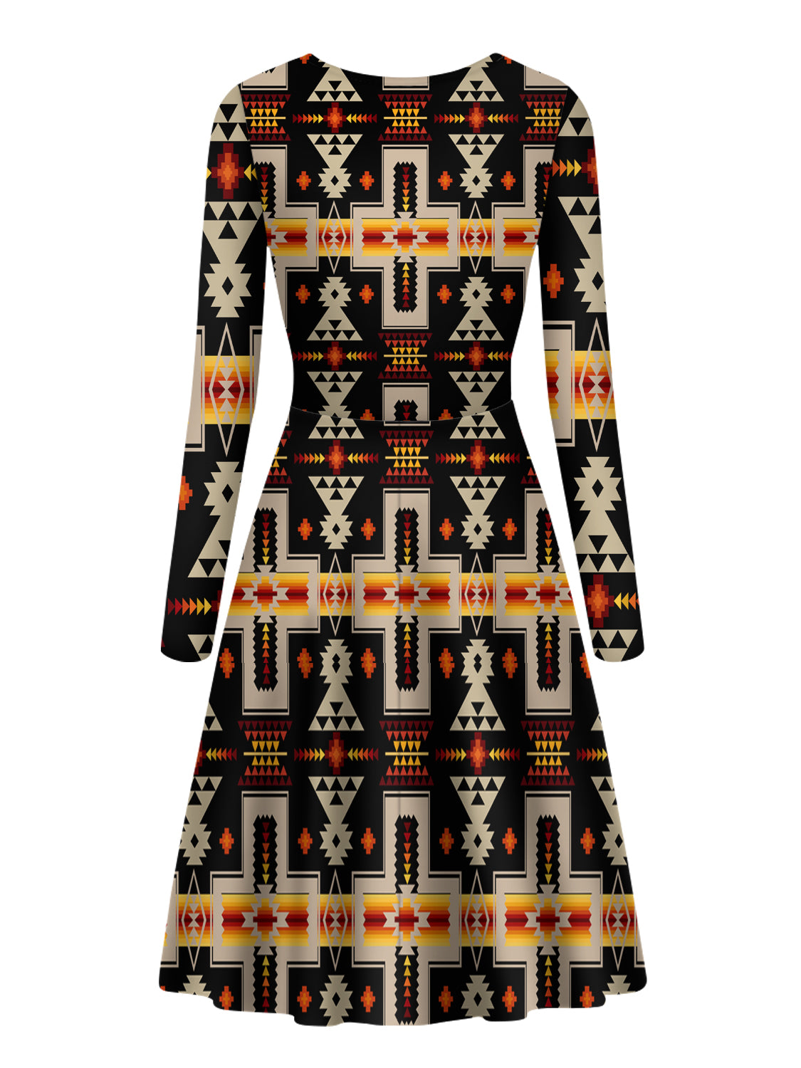 GB-NAT00062-01 Black Tribe Design Native American V-Long Sleeve Dress - Powwow Store