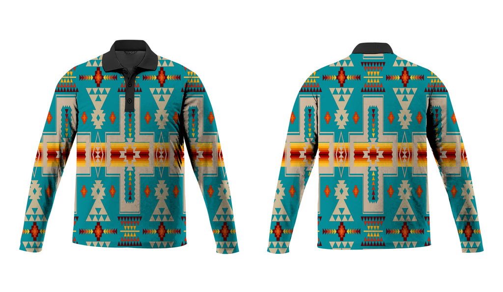 GB-NAT00062-05 Turquoise Tribe Design Native American Polo Long Sleeve