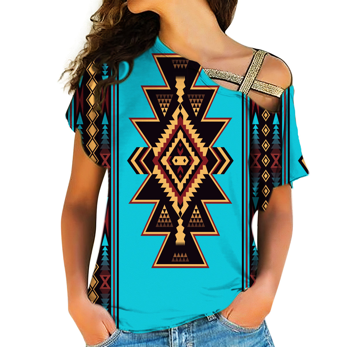 GB-NAT00064 Brown Western Native American Cross Shoulder Shirt - Powwow Store