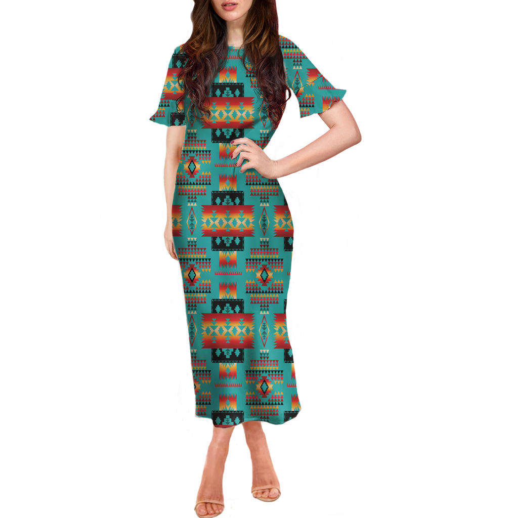 GB-NAT00046-01 Pattern Native Women Long Dress With Falbala