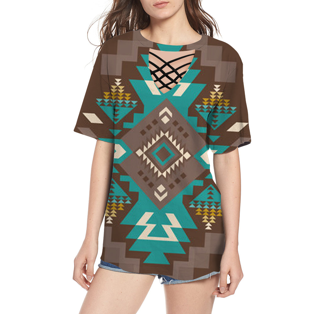 GB-NAT00538 Blue Pattern Brown Round Neck Hollow Out Tshirt - Powwow Store