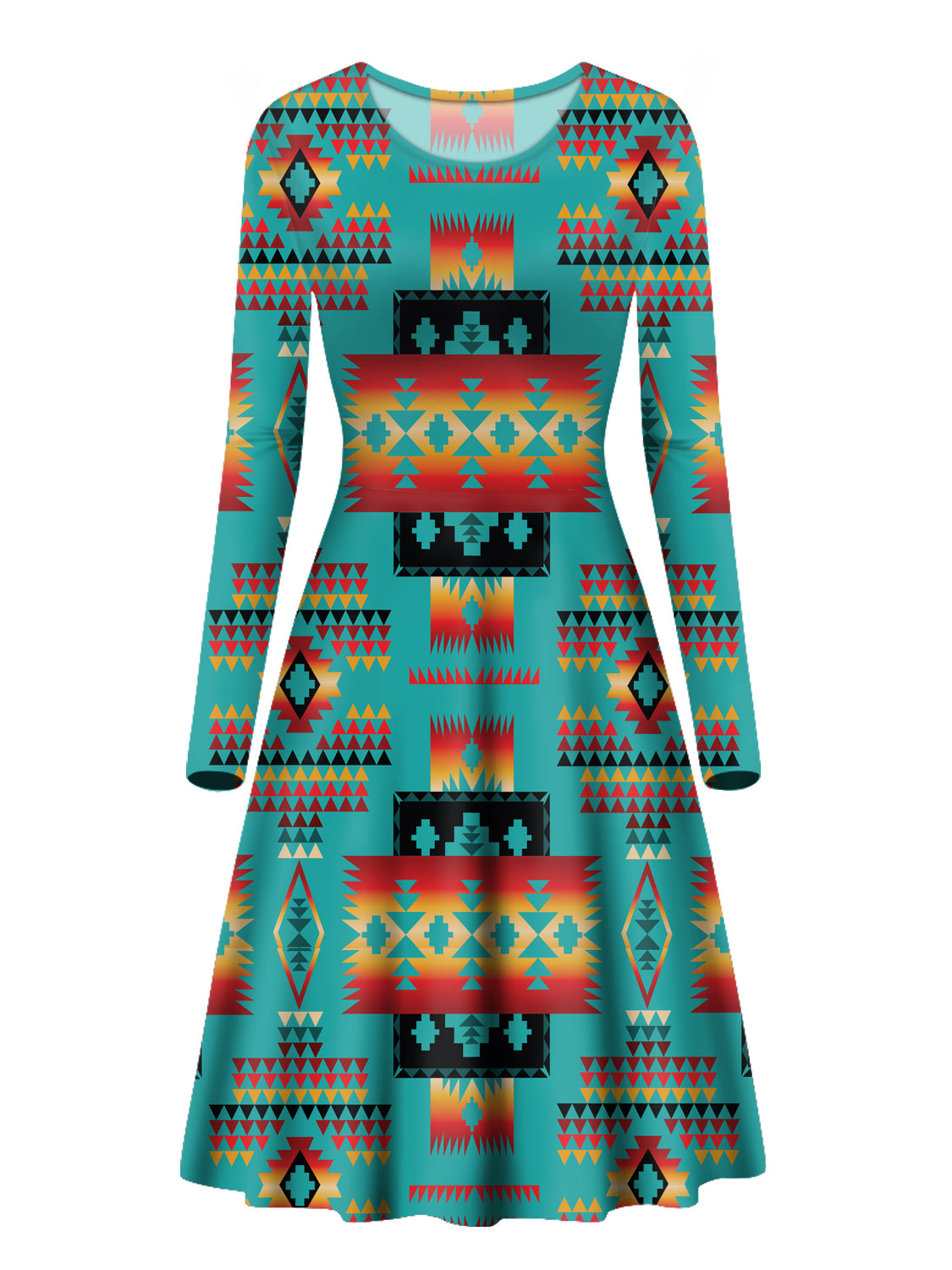 GB-NAT00046-01 Blue Native Pattern Native Long Sleeve Dress - Powwow Store