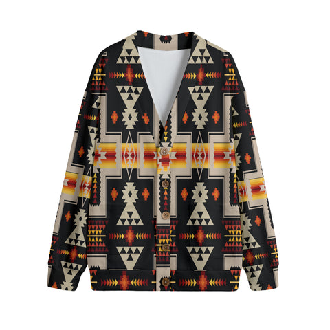 GB-NAT00062-01 Pattern Native American 3D V-neck Hacci Fleece Cardigan