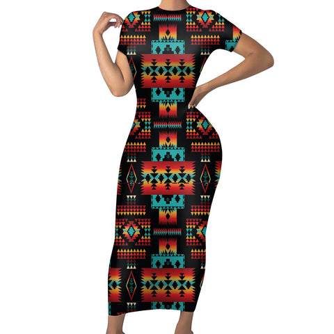 GB-NAT00046-02 Black Native Tribes Pattern Native American Short-Sleeved Body Dress