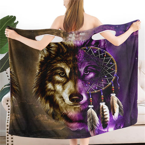 GB-NAT0005 Dreamcatcher Purple Wolf Women Wearable  BathRobe