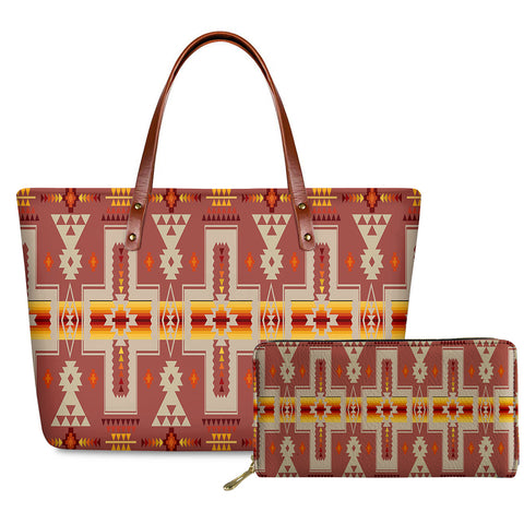 GB-NAT00062-11 Tan Tribe Design Handbag & Purse Set