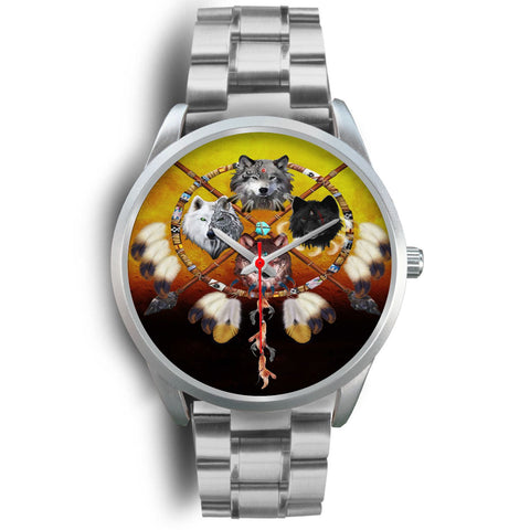 4 Wolves Warriros Dreamcatcher Native American Siliver Watch