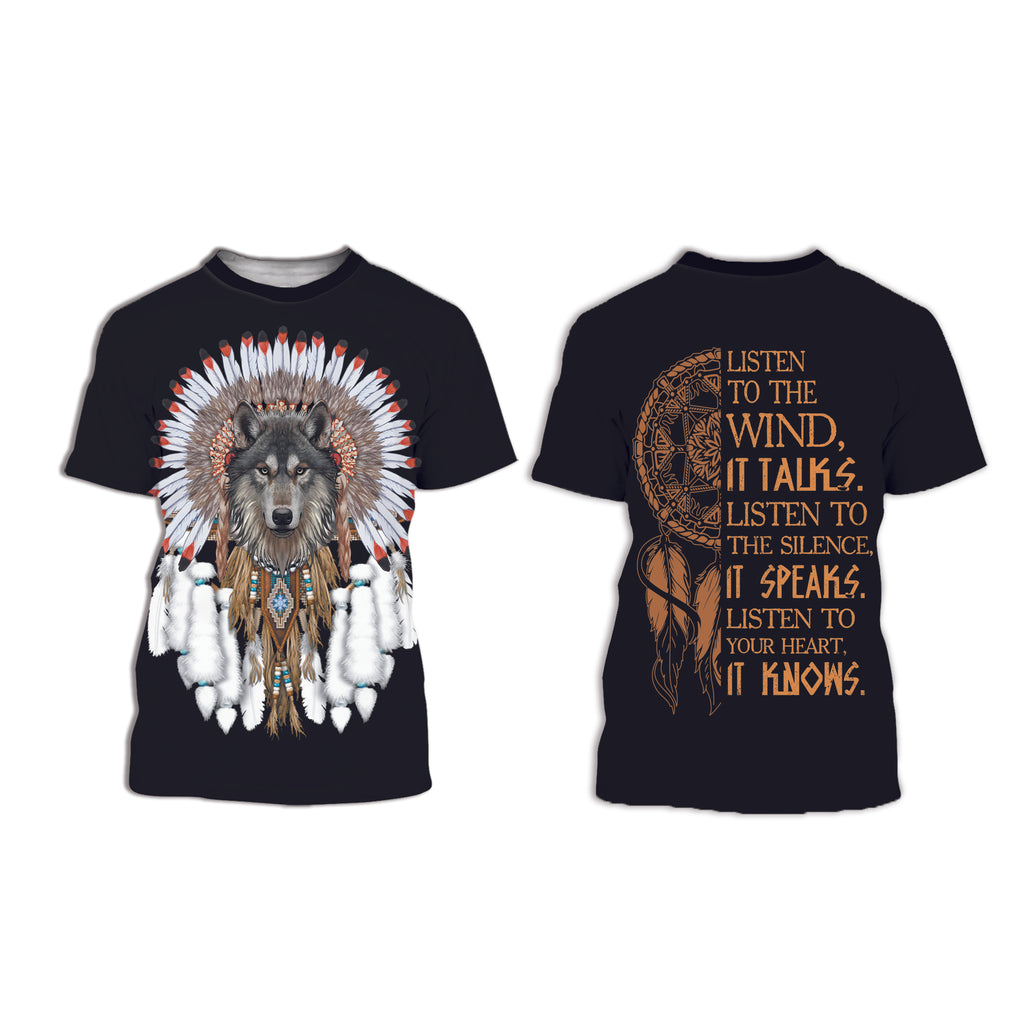 Powwow StoreGBNAT00446 Wolf With Feather Headdress 3D TShirt new