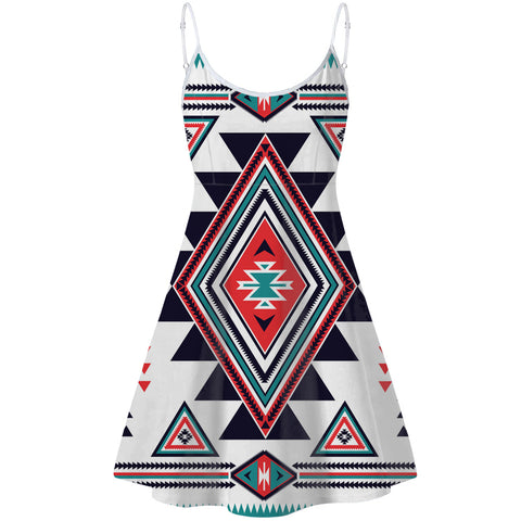 GB-NAT00146 White Geometric Native American Strings Dress