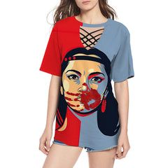 GB-NAT00536 Red & Blue Girl Round Neck Hollow Out Tshirt - Powwow Store