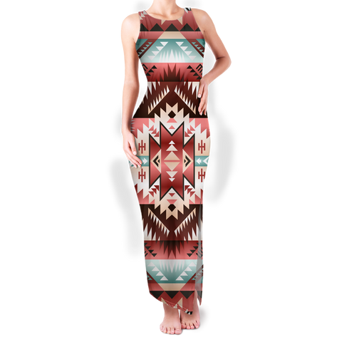 GB-NAT00540 Pattern Native Round Neck Double Slit Sundress