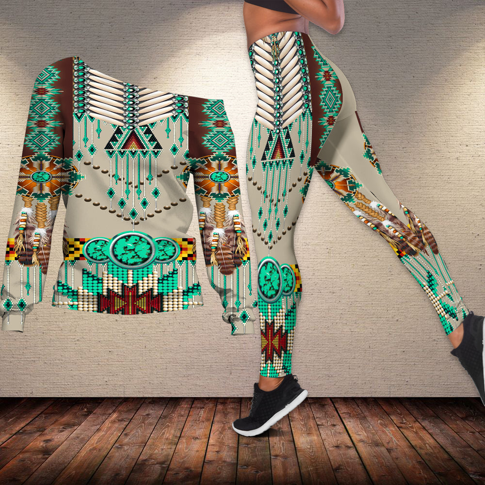 GB-NAT00069-02 Green Pattern Breastplate Off-shoulder Sweater Legging Set - Powwow Store