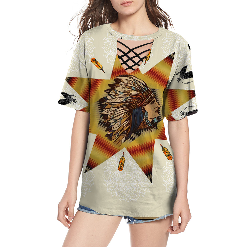 GB-NAT00011-01 Running Hourse Chief Native American Round Neck Hollow Out Tshirt