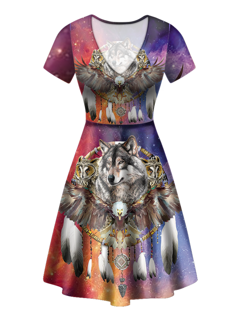 Powwow StoreGBNAT00211 Native American Wolf Owl Eagle Neck Dress