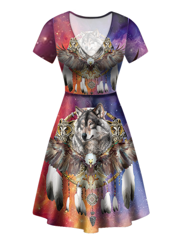GB-NAT00211 Native American Wolf Owl Eagle Neck Dress