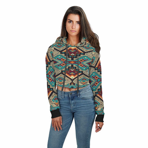 Tribe Blue Pattern Native American AOP Crop Hoodie