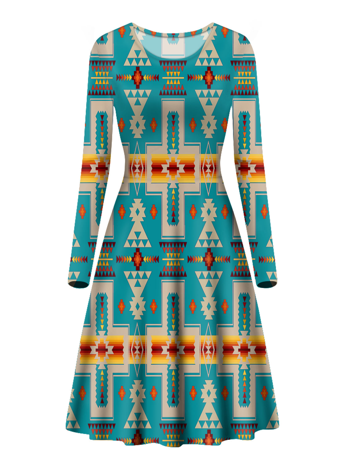 GB-NAT00062-05 Turquoise Design Native Long Sleeve Dress - Powwow Store