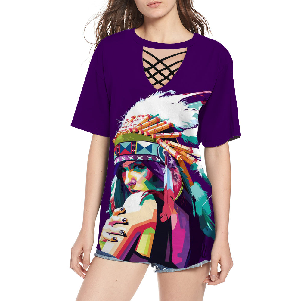 GB-NAT00483 Girl With Feather Headdress Round Neck Hollow Out Tshirt - Powwow Store