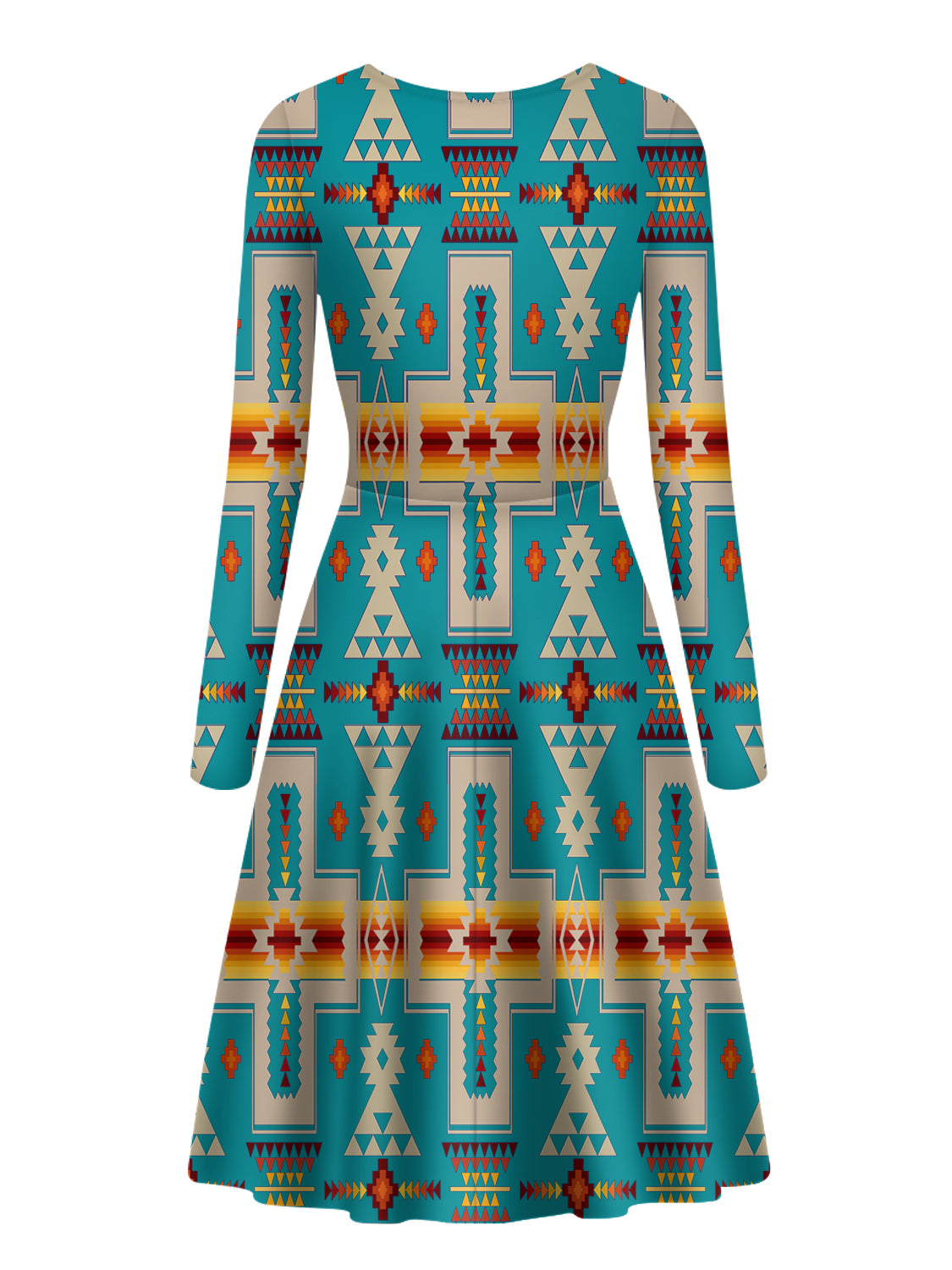 GB-NAT00062-05 Turquoise Design Native Long Sleeve Dress - Powwow Store
