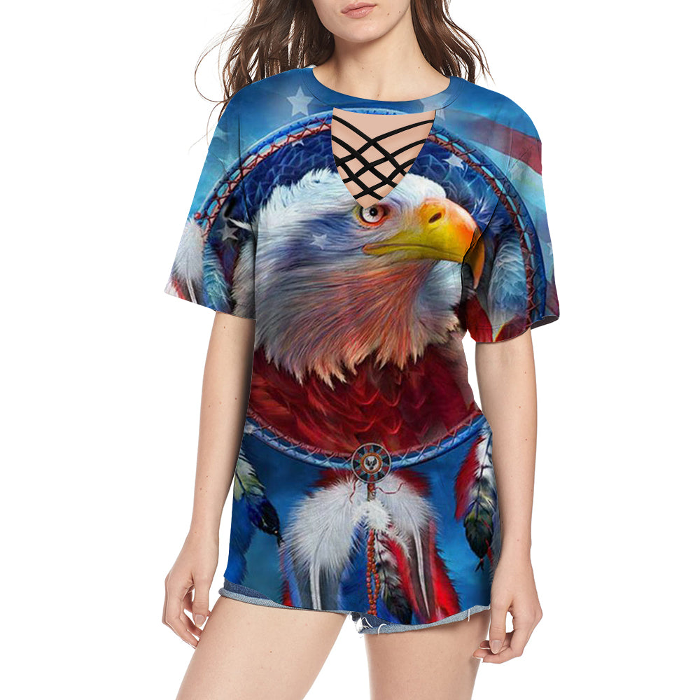 GB-NAT00099	Native American DreamCatcher Eagle Round Neck Hollow Out Tshirt - Powwow Store