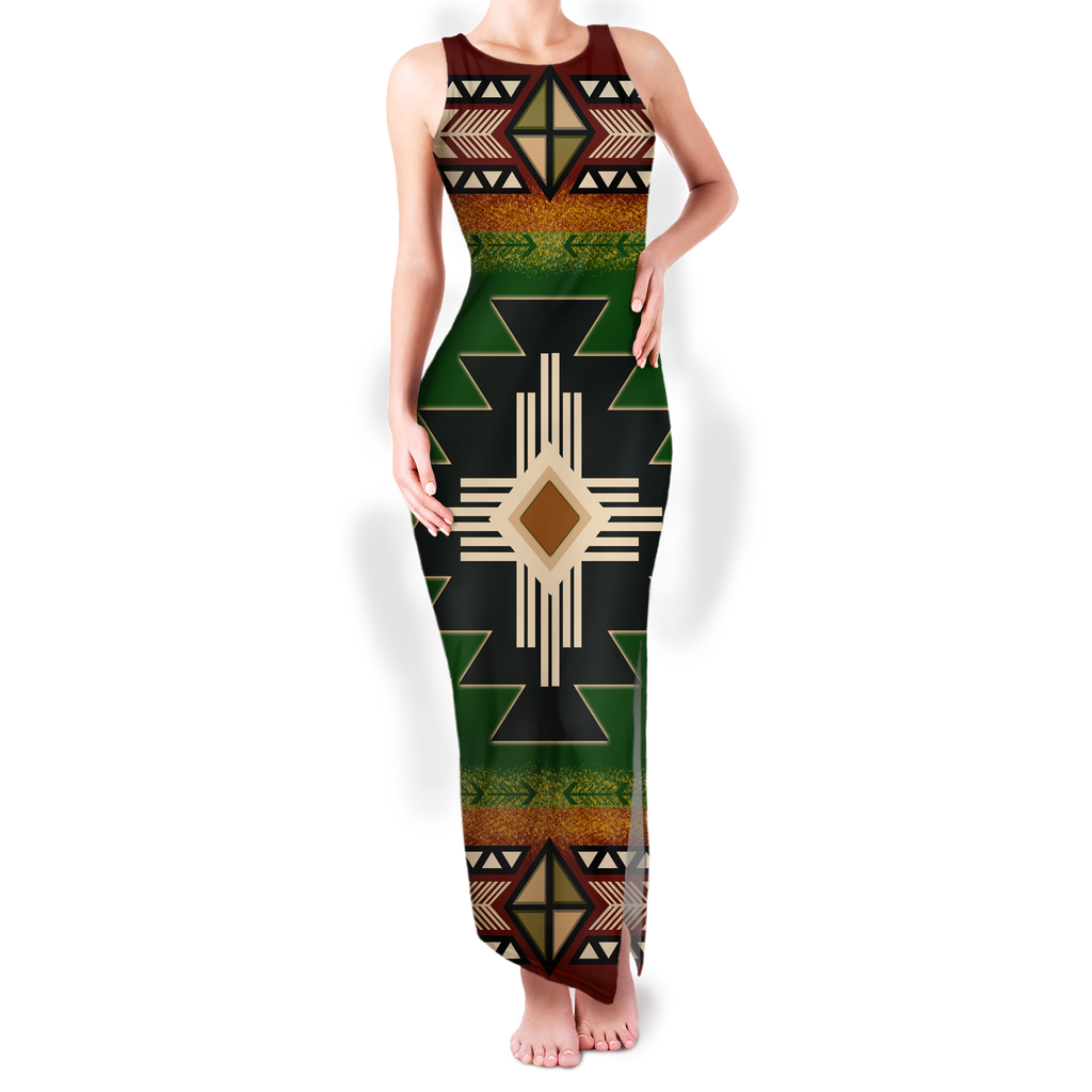 Powwow StoreGBNAT0001 Pattern Native Round Neck Double Slit Sundress