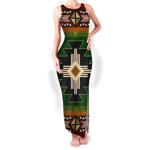 GB-NAT0001 Pattern Native Round Neck Double Slit Sundress