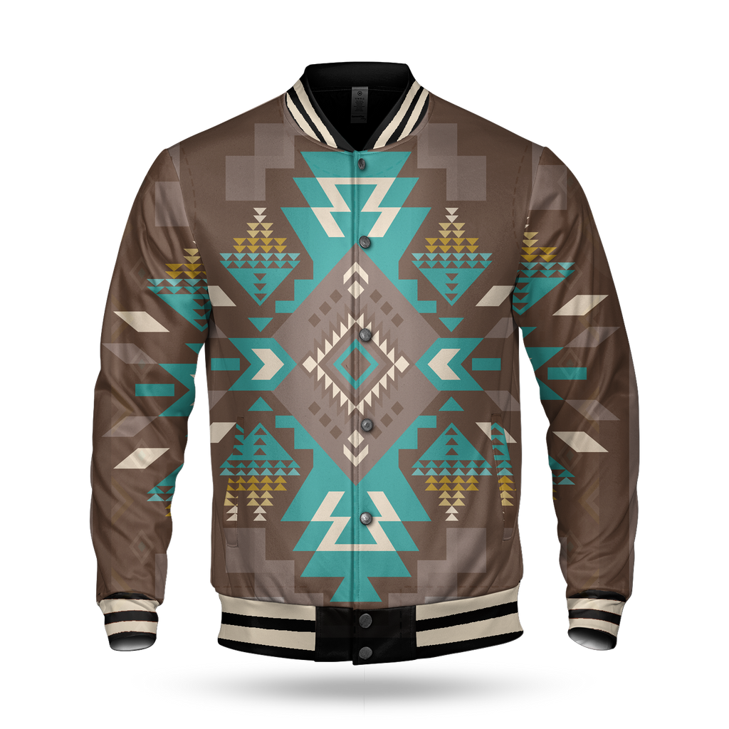 Powwow StoreGBNAT0053801 Blue Pattern Brown Baseball Jacket