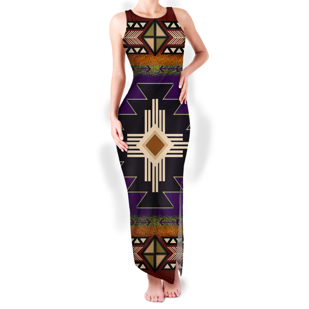 Powwow StoreGBNAT000104 Pattern Native Round Neck Double Slit Sundress