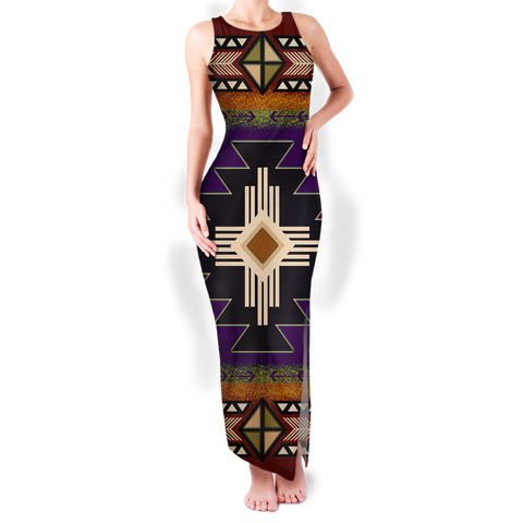 Powwow StoreGBNAT000104 Pattern Native Round Neck Double Slit Sundress