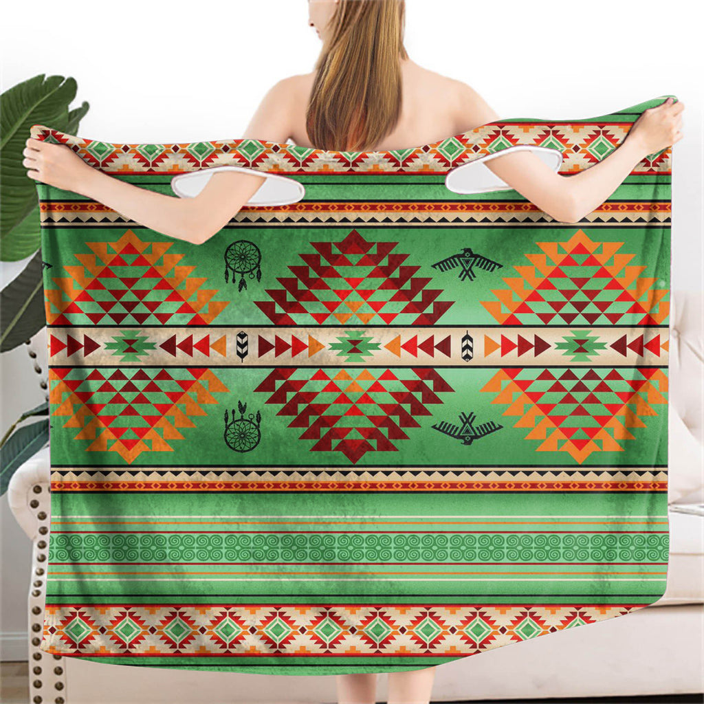 Powwow StoreGBNAT0008703 Green Thunderbird Native  Wearable Bathrobe Bath Wrap Towel