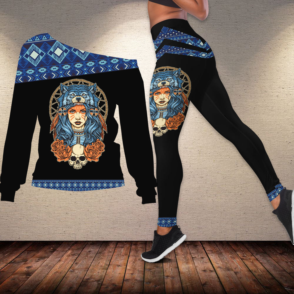 Powwow Store gb nat00383 girl wolf skull native off shoulder sweater legging set