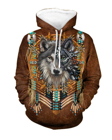 Powwow Store hd001 wolf turquoise pattern 3d hoodie