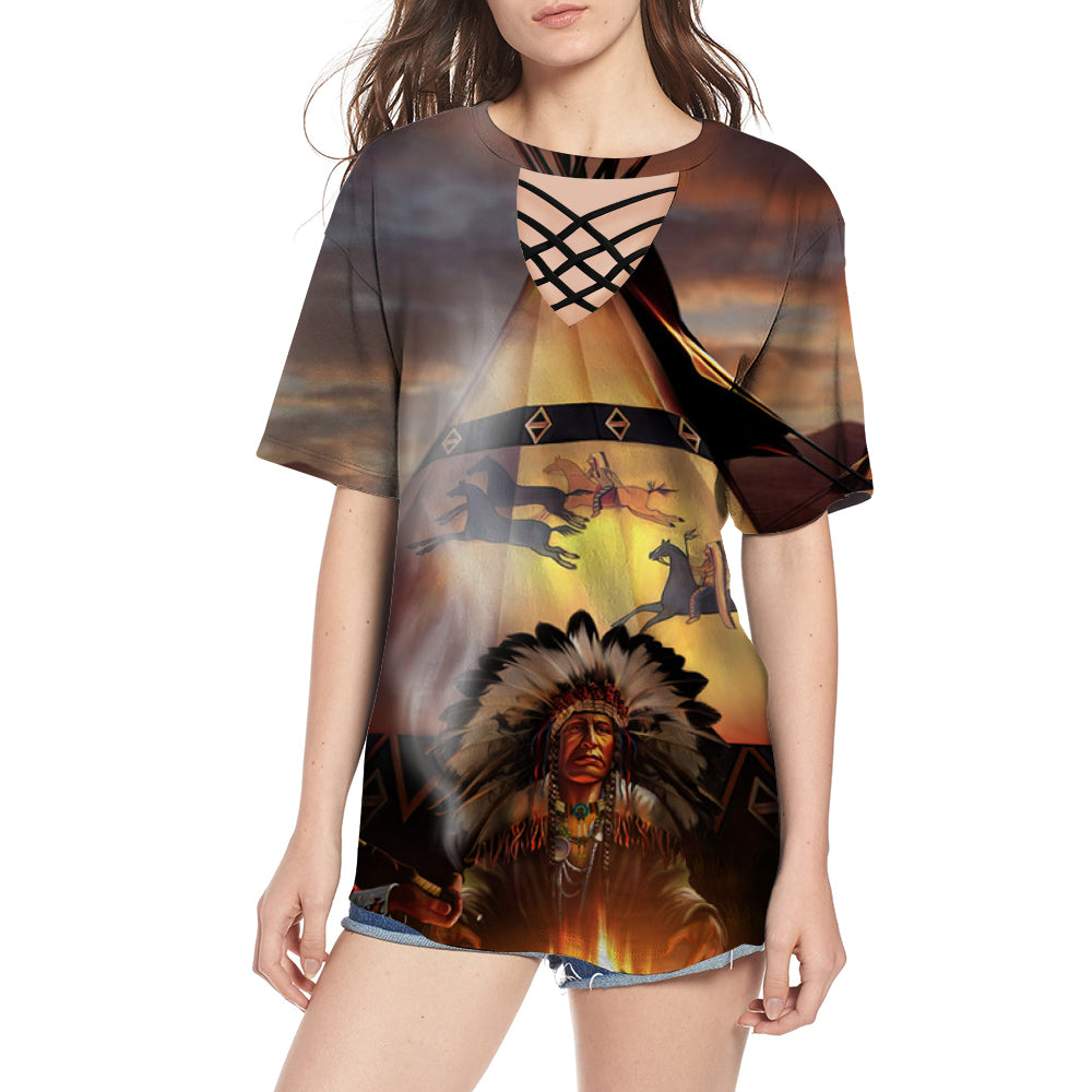 GB-NAT00207	Campfire Native American Round Neck Hollow Out Tshirt - Powwow Store