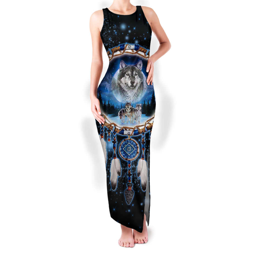 Powwow StoreGBNAT00010 Pattern Native Round Neck Double Slit Sundress