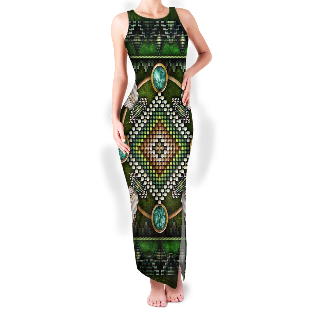 Powwow StoreGBNAT00023 Pattern Native Round Neck Double Slit Sundress