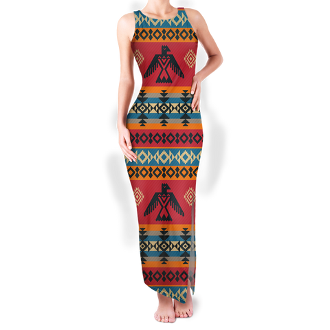 Powwow StoreGBNAT00029 Pattern Native Round Neck Double Slit Sundress