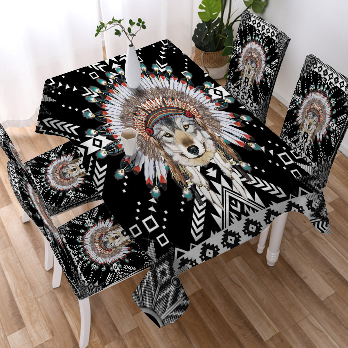 Powwow StoreTB0012   Wolf Pattern Black Native  American Tablecloth