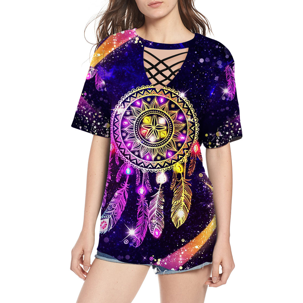 GB-NAT00546 Purple & Yellow Dream Catcher Round Neck Hollow Out Tshirt - Powwow Store