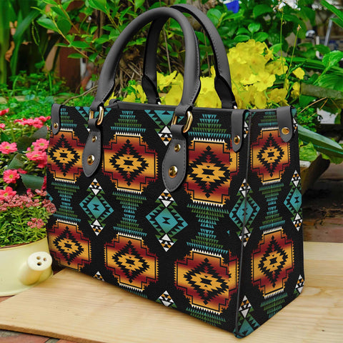 GB-NAT00321 Native American Patterns Black Red Leather Bag