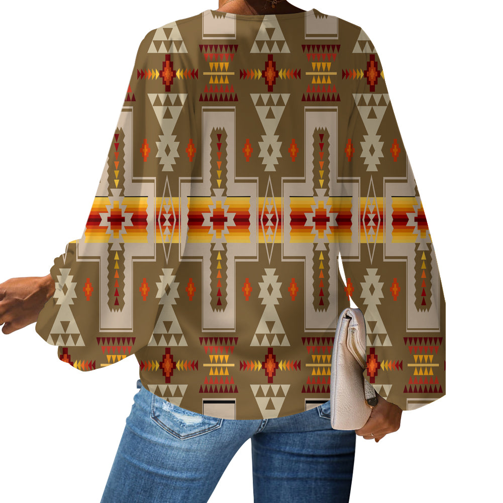 GB-NAT00062-10 Light Brown Tribe Design Native American Chiffon Shirt - Powwow Store