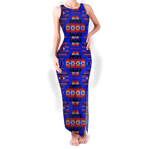 GB-NAT00046-06 Pattern Native Round Neck Double Slit Sundress