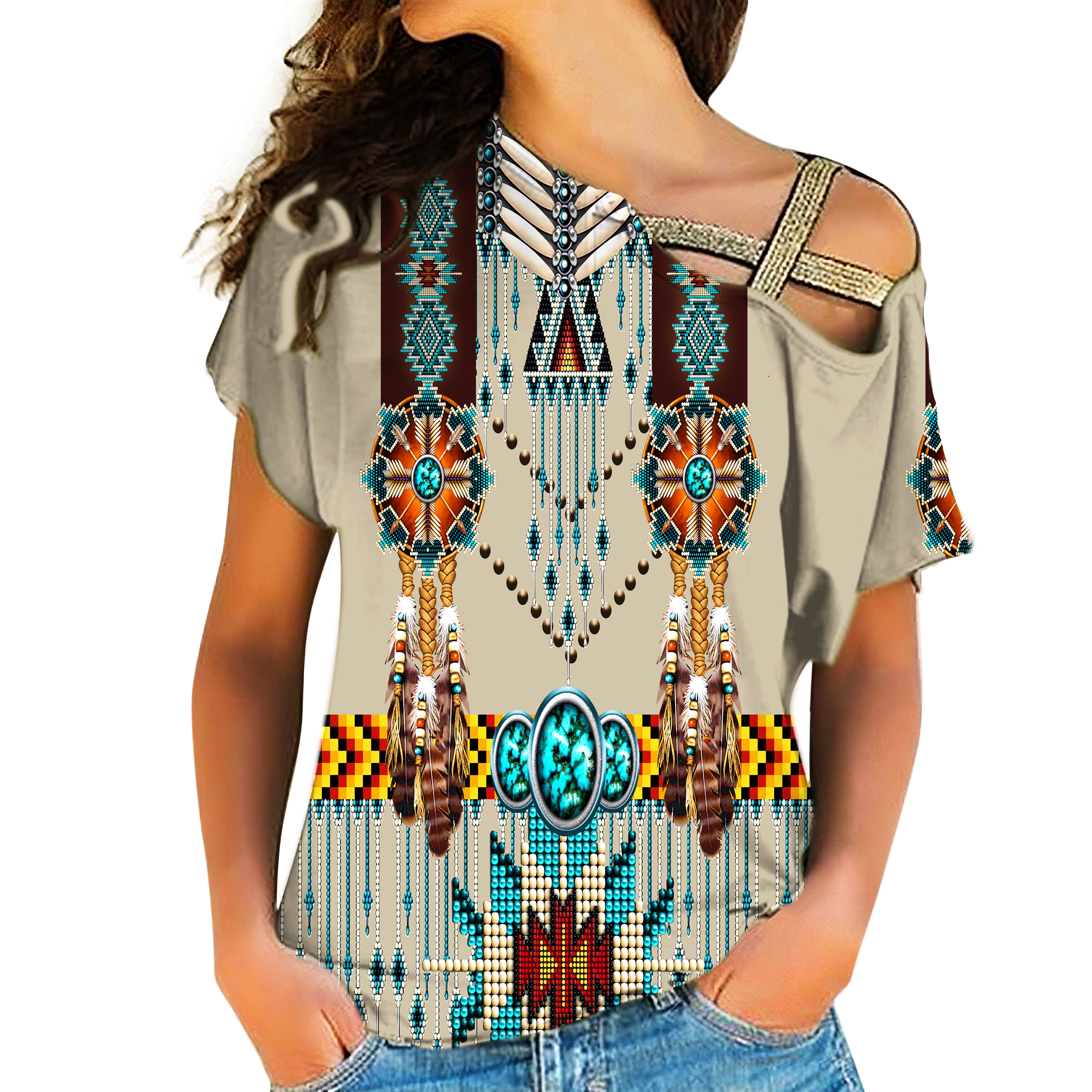 GB-NAT00069Turquoise Blue Pattern Breastplate Native American Cross Shoulder Shirt - Powwow Store