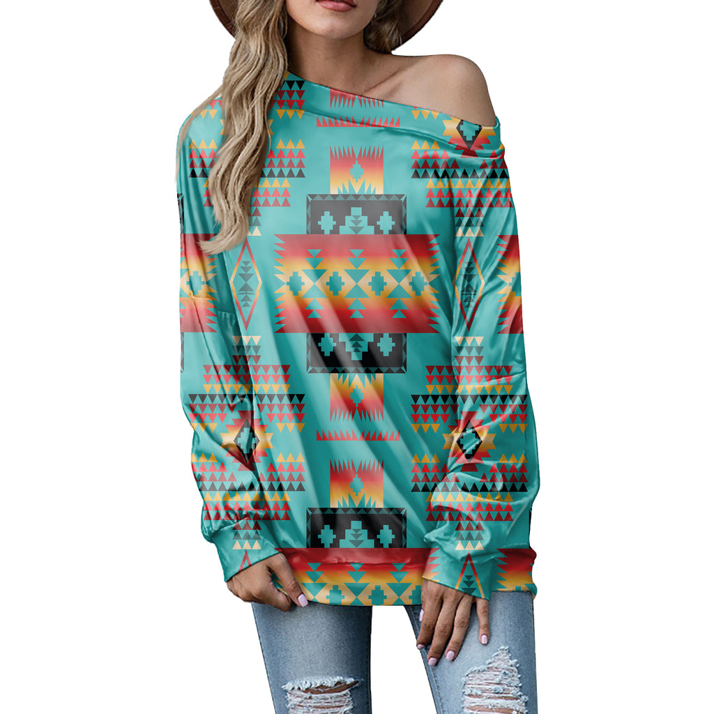 Powwow Store gb nat00046 01 blue native tribes pattern native american off shoulder sweatshirt