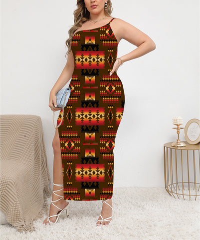 Powwow StoreGBNAT0004608 Brown Native Tribes ObliqueShoulder Exposure Dress With Side Split