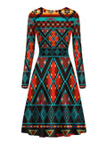 GB-NAT00112 Dark Brown Red Pattern Native American V-Long Sleeve Dress
