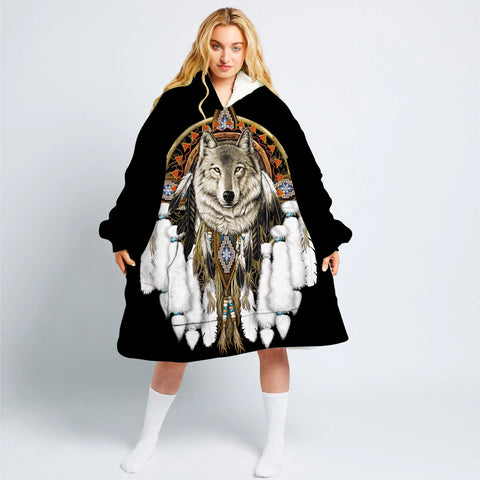 Powwow StoreGBNAT00210 Wolf Dreamcatcher Feather  Long Fleece Hoodie