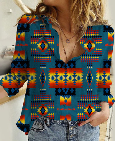 GB-NAT00046-21 Blue Native Tribes Pattern Native American Linen Shirts